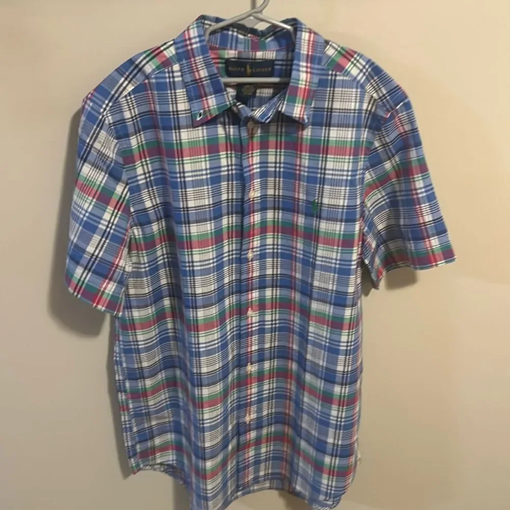 Polo Ralph Lauren Shirt XL 18-20 Boys Blue Pink Green Plaid Short Sleeve Cotton